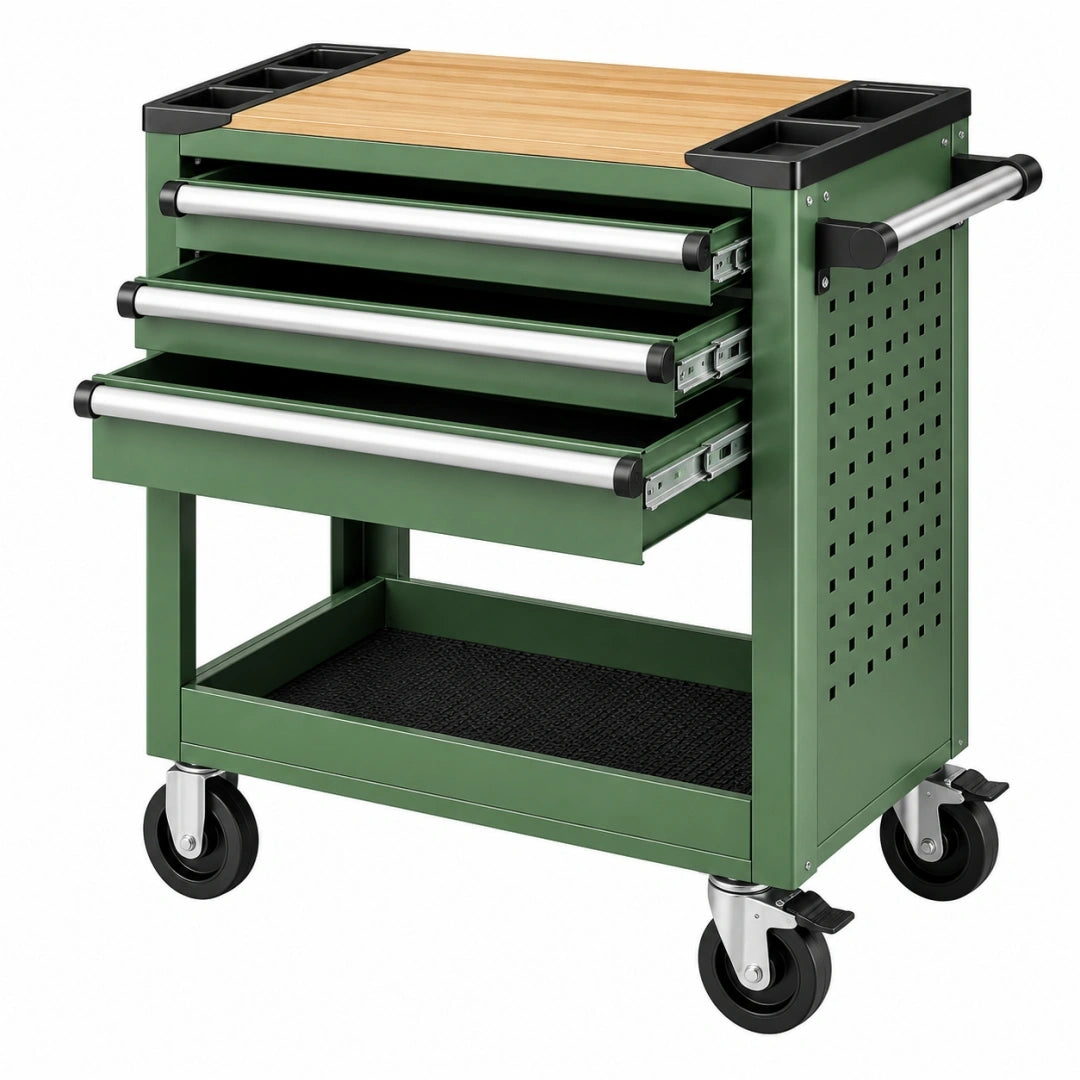 Carro de herramientas 80 x 45 x 95 cm de acero verde con encimera de bambú y 3 cajones móvil