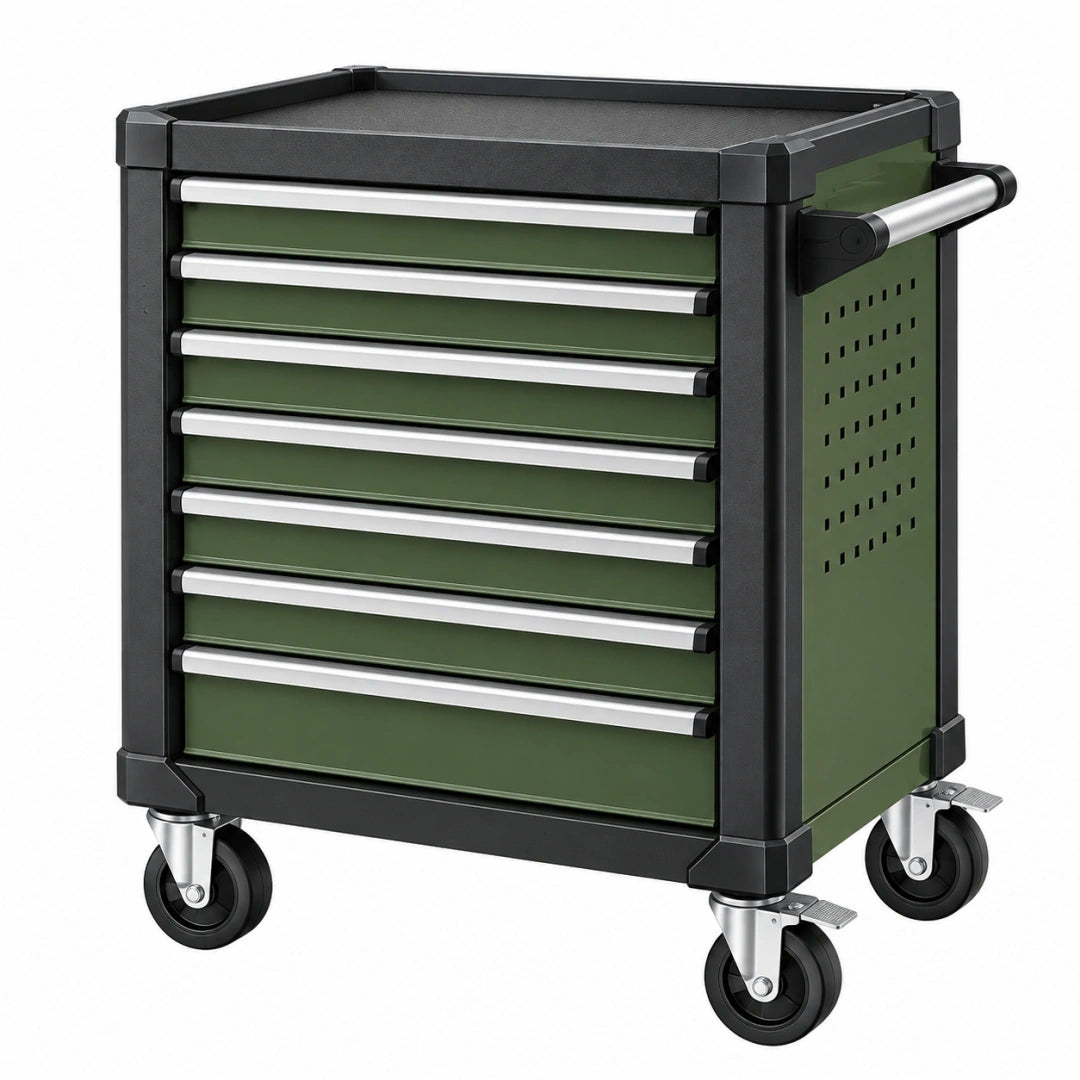 Carro de herramientas 77 x 46 x 97 cm de acero verde con 7 cajones y ruedas