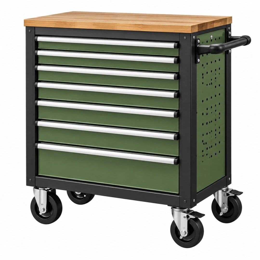 Carro de herramientas 75 x 46 x 95 cm de acero verde con 7 cajones y encimera de madera