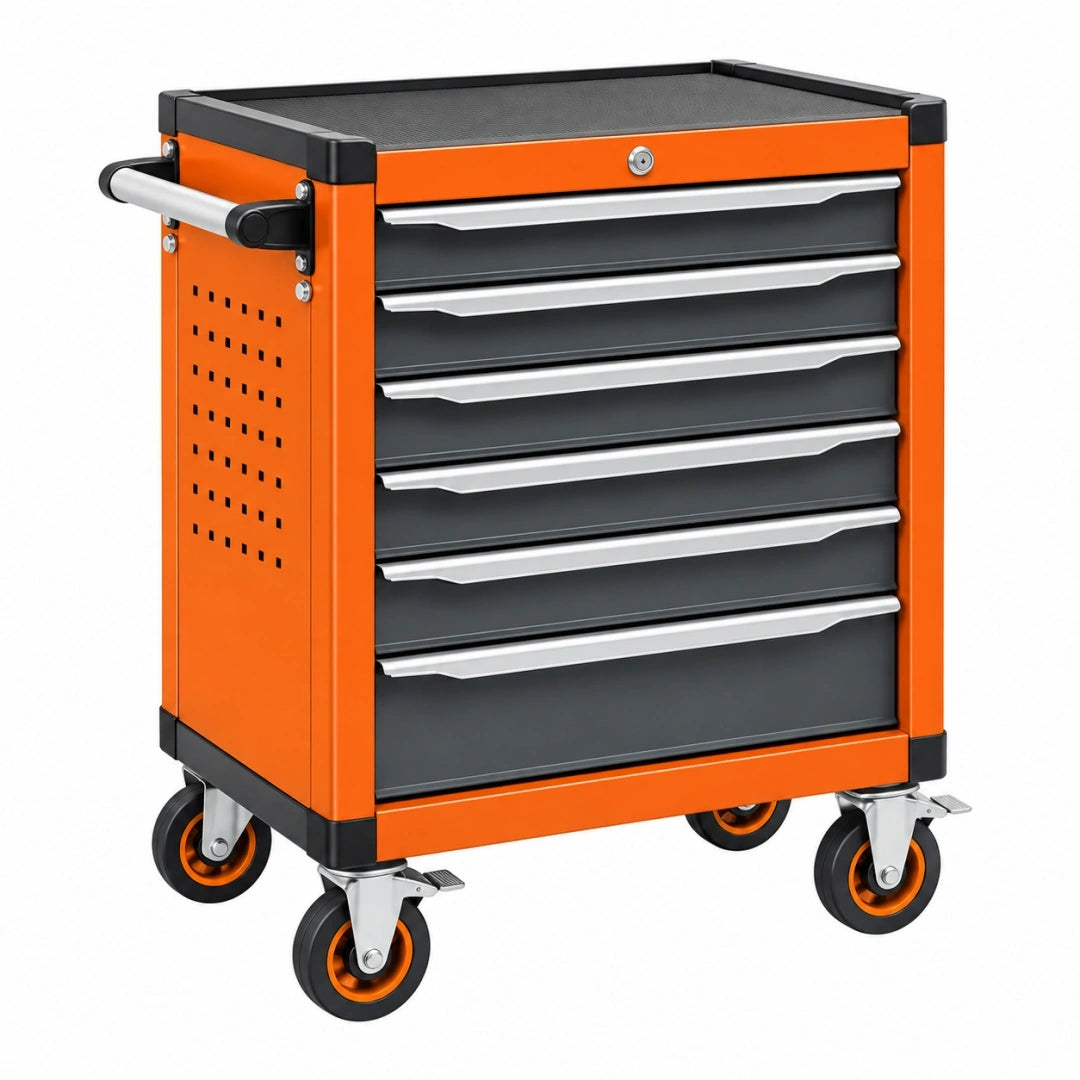 Carro de herramientas 77 x 46 x 97 cm de acero naranja y negro con 6 cajones y ruedas