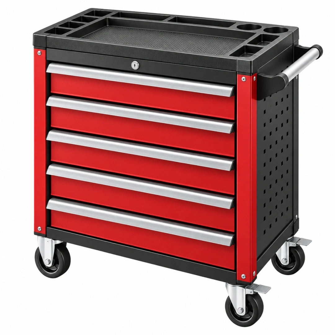 Carro de herramientas 76 x 46 x 95 cm de acero rojo y negro con 6 cajones y ruedas