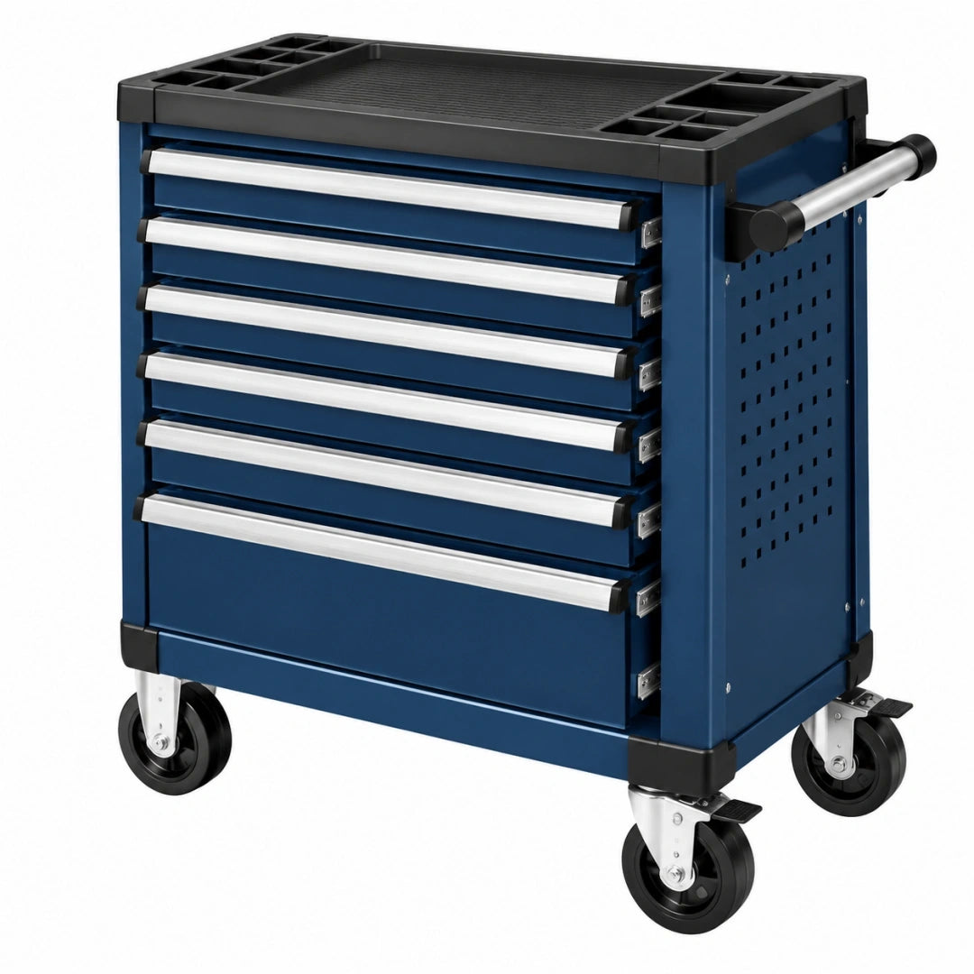 Carro de herramientas 77 x 46 x 97 cm de acero azul con 7 cajones y ruedas