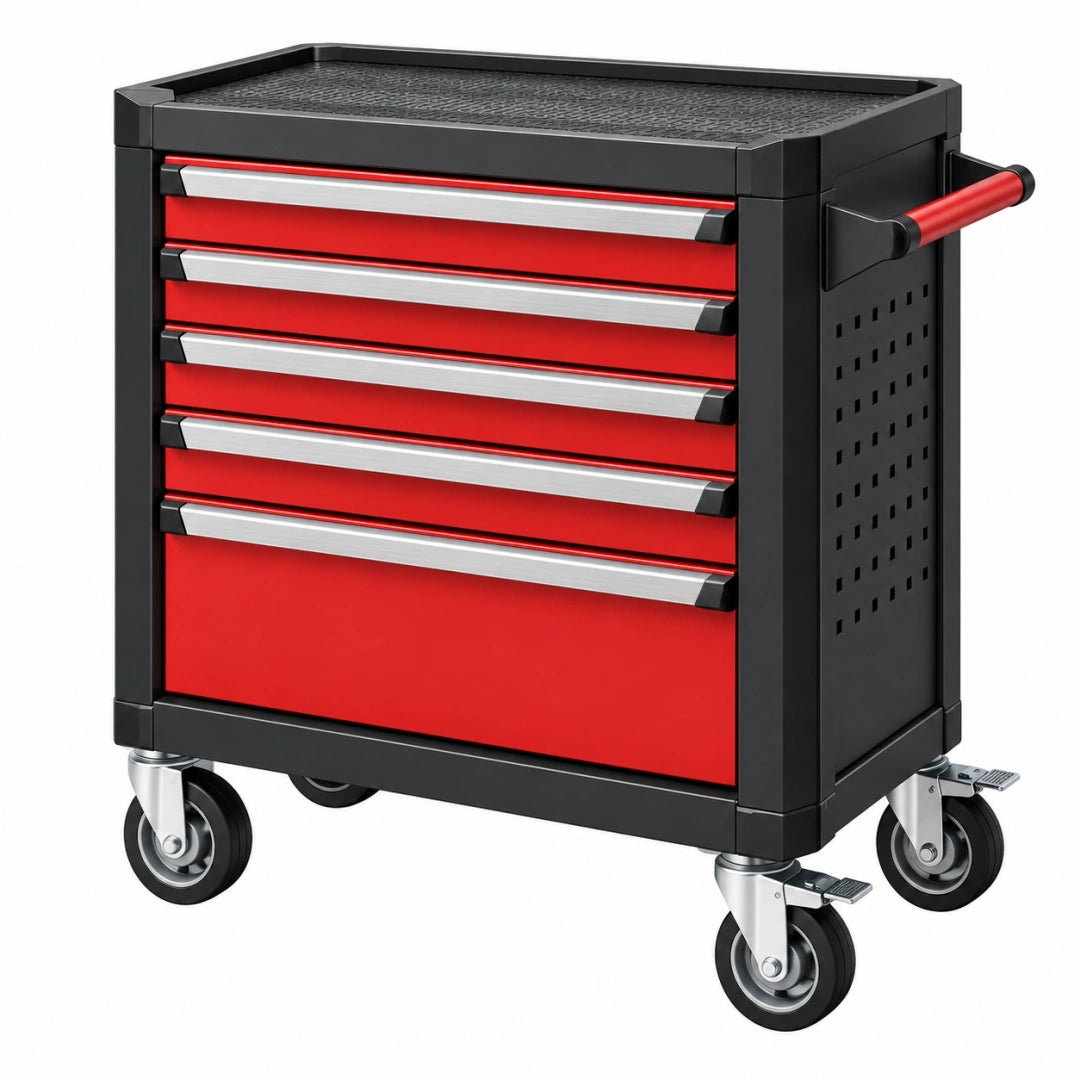 Carro de herramientas 77 x 46 x 97 cm de acero rojo y negro con 5 cajones y ruedas