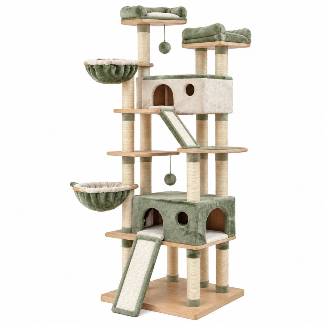 Árbol rascador para gatos 90 x 60 x 190 cm de madera sisal y felpa verde con cuevas plataformas y hamacas