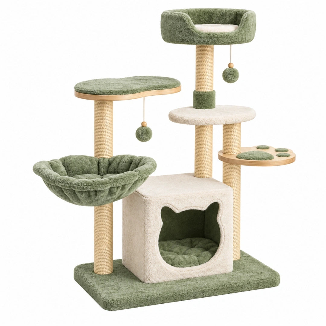 Árbol rascador para gatos 60 x 50 x 150 cm de sisal y felpa verde crema con plataformas y refugio