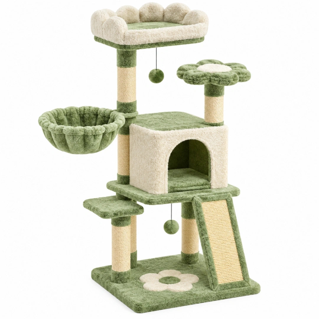 Árbol rascador para gatos 50 x 60 x 140 cm verde y crema con sisal y felpa