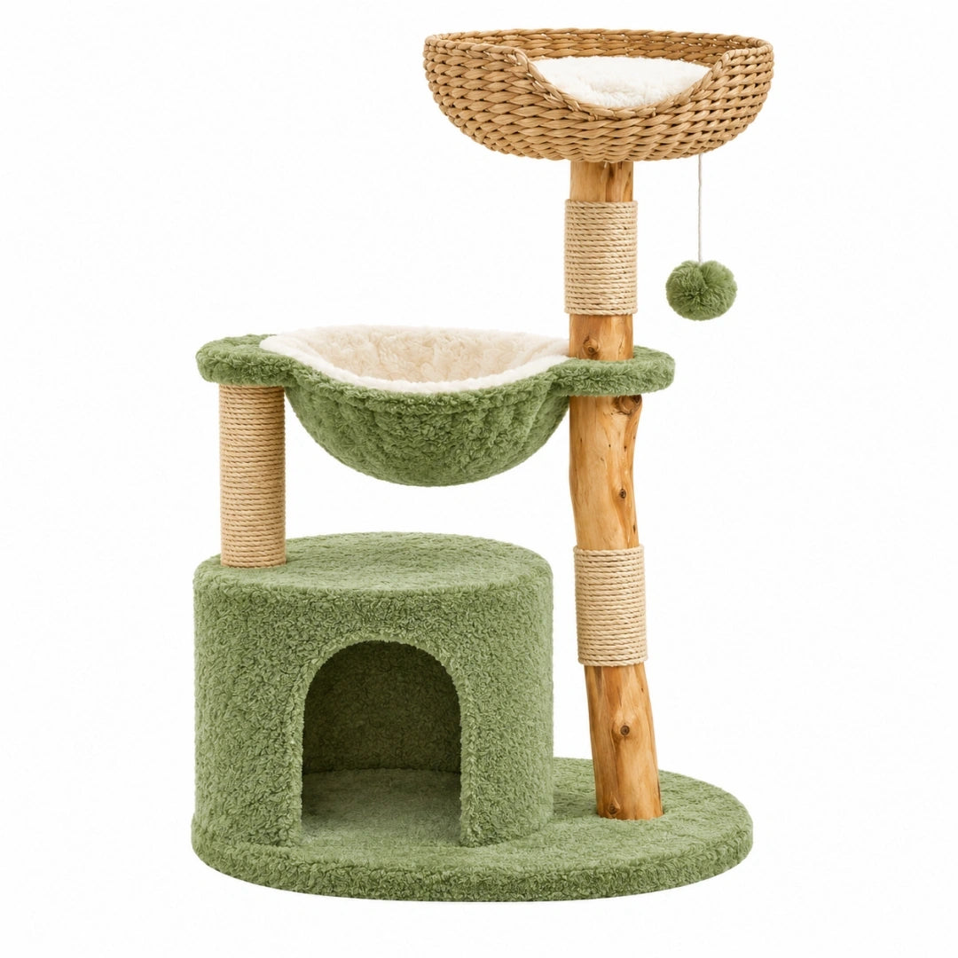 Árbol rascador para gatos 60 x 50 x 130 cm de madera y sisal verde con refugio y hamaca
