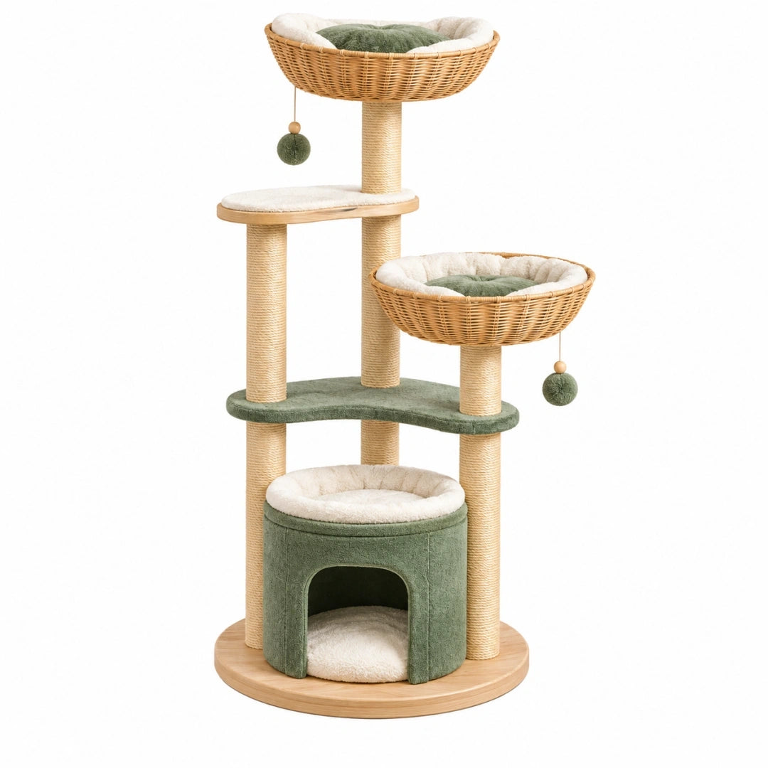 Árbol rascador para gatos 60 x 50 x 145 cm de sisal y mimbre verde beige con refugio y cestas