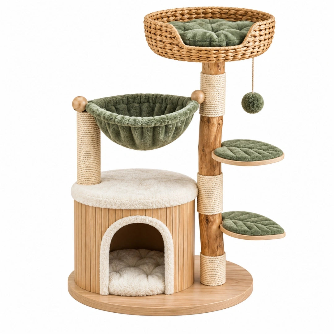 Árbol rascador para gatos 60 x 60 x 130 cm de madera y sisal verde y natural con refugio y plataformas