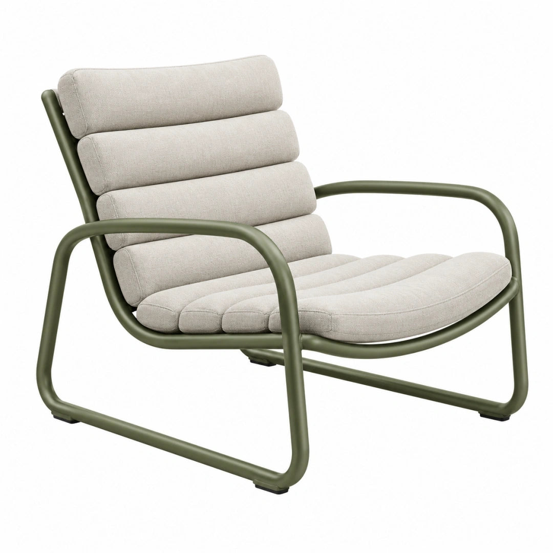 Sillón 78 x 76 x 84 cm con estructura metálica verde oliva y asiento textil beige para interior y exterior cubierto