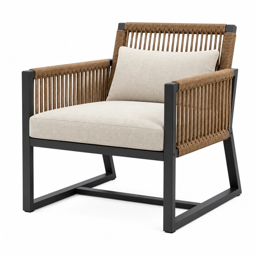 Sillón de jardín 76 x 70 x 85 cm de metal negro y cuerda trenzada con asiento acolchado