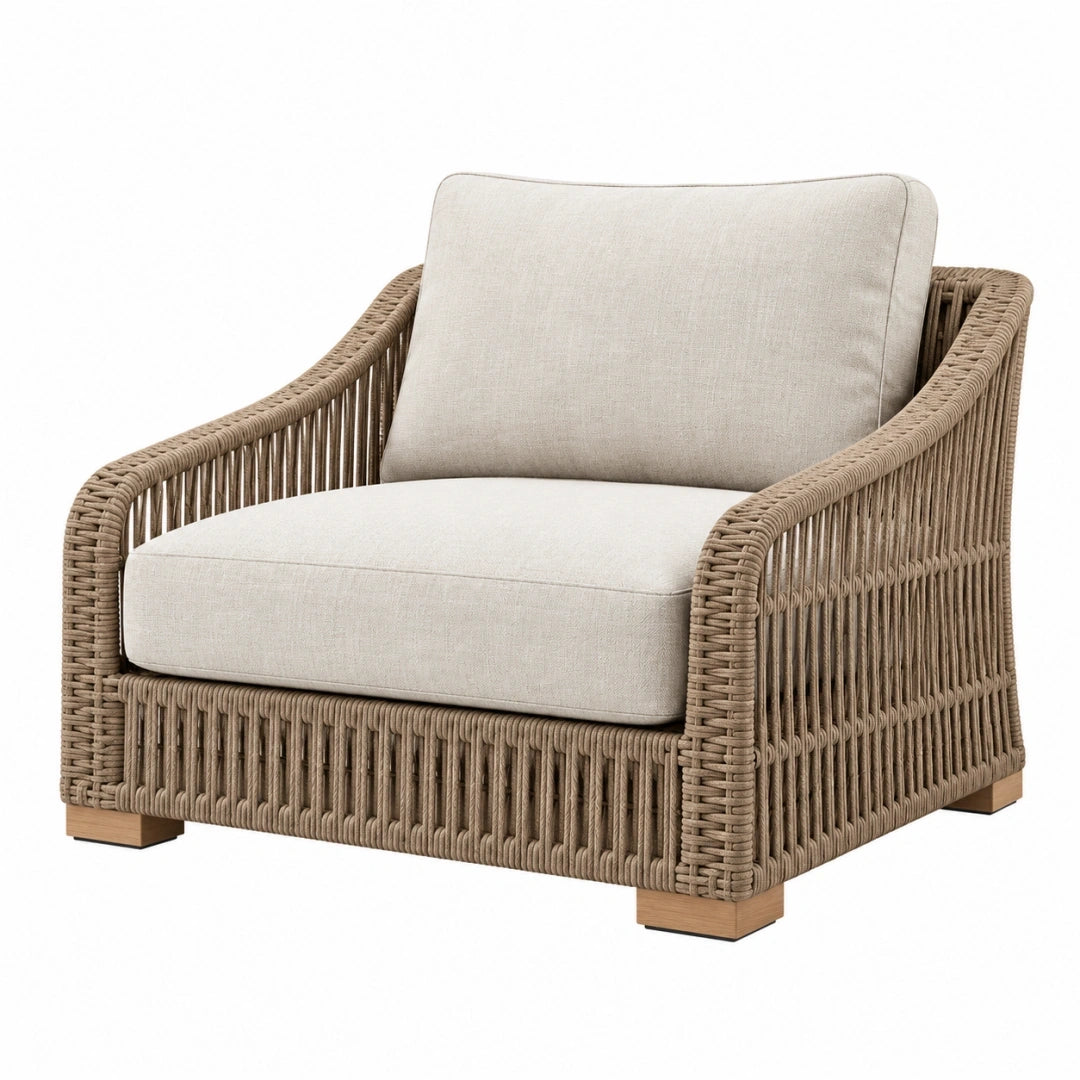Sillón de exterior 85 x 85 x 82 cm de fibra trenzada beige con asiento acolchado