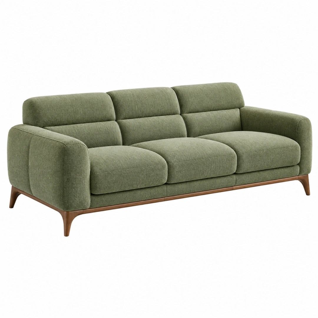 Sofá de 3 plazas 210 x 90 x 88 cm de tela verde oliva con patas de madera - estilo moderno para salón