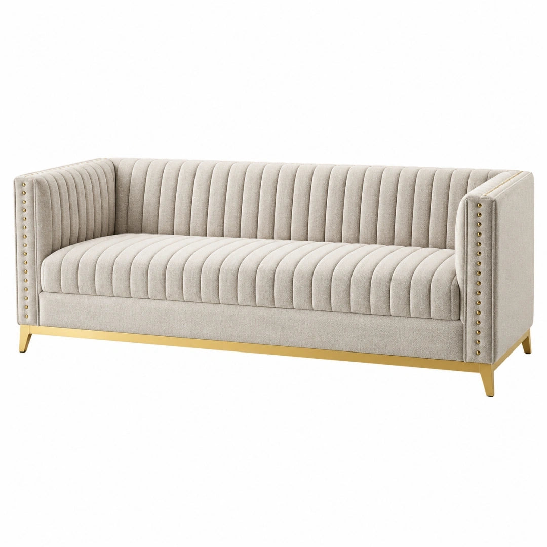 Sofá de 3 plazas 180 cm de tela beige con patas metálicas doradas - estilo moderno