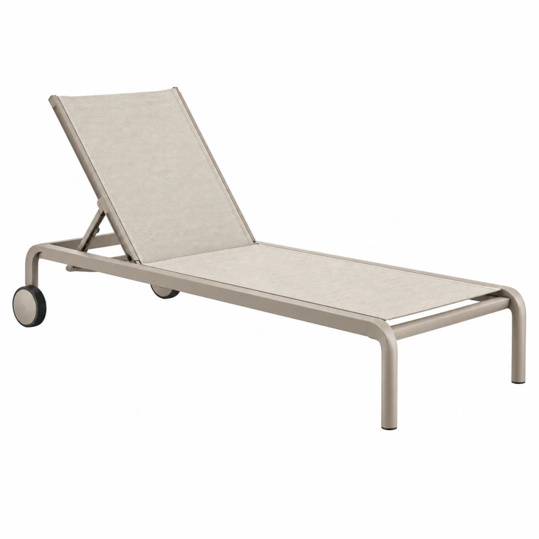 Tumbona de exterior 200 x 70 x 35 cm de metal y textil beige con respaldo reclinable y ruedas