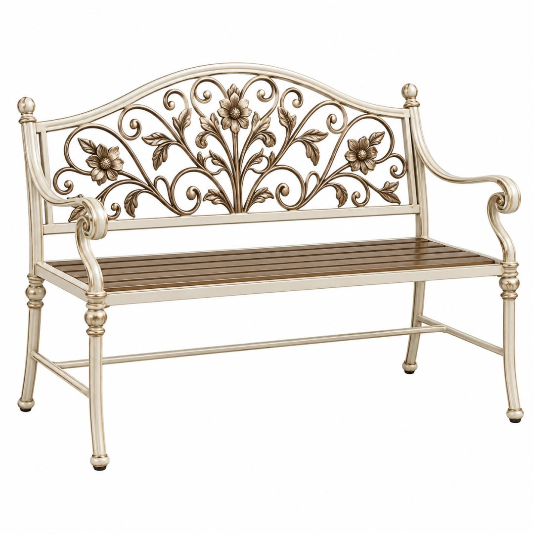 Banco de jardín 120 x 60 x 100 cm de metal crema con flores estilo clásico
