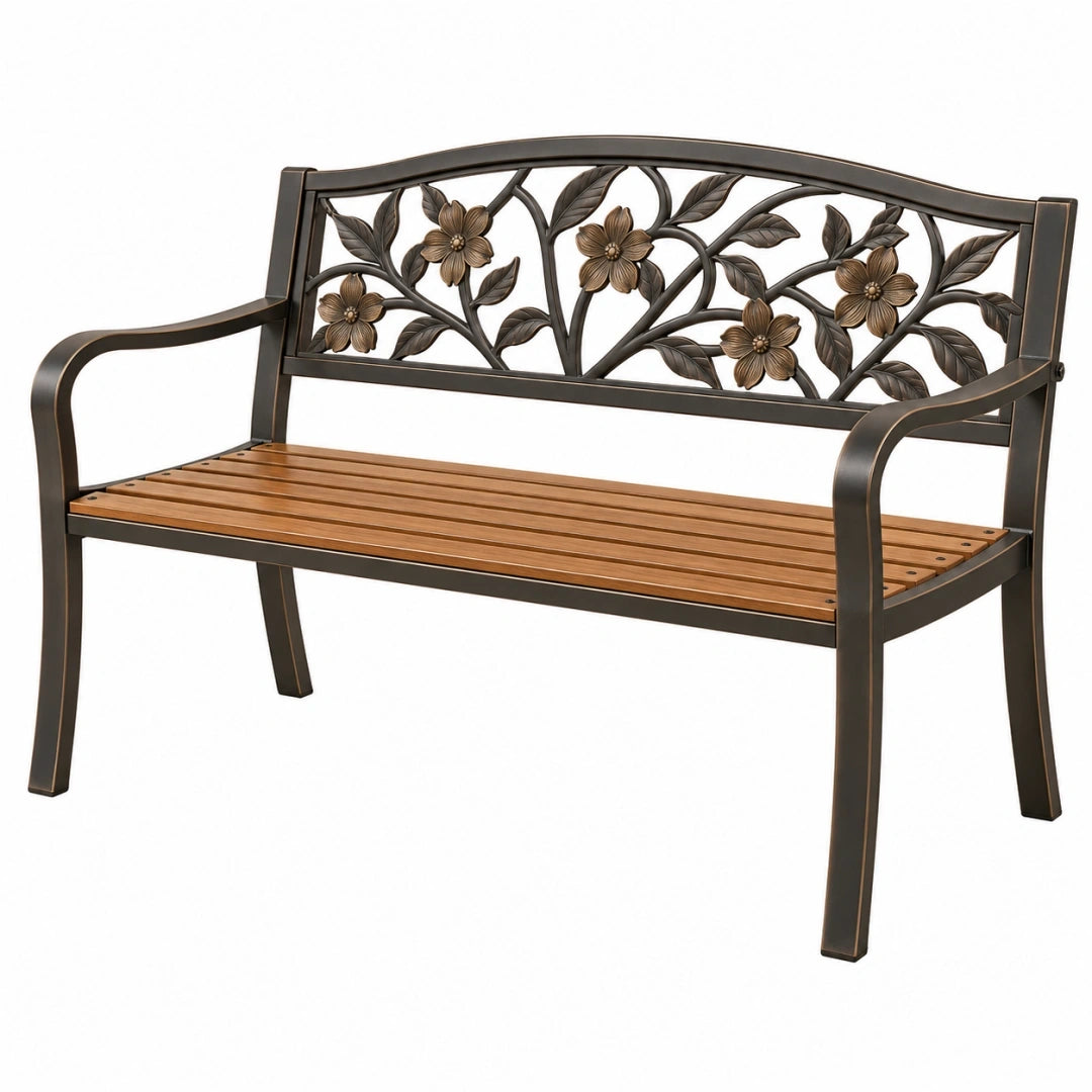 Banco de jardín 122 x 61 x 91 cm de metal y madera marrón negro con respaldo floral