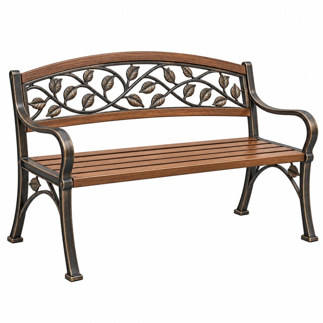Banco de jardín 125 x 60 x 85 cm de acero marrón con respaldo de hojas